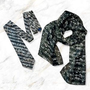 White Music Notes Print 🎵 Black Light Scarf & Matching Tie